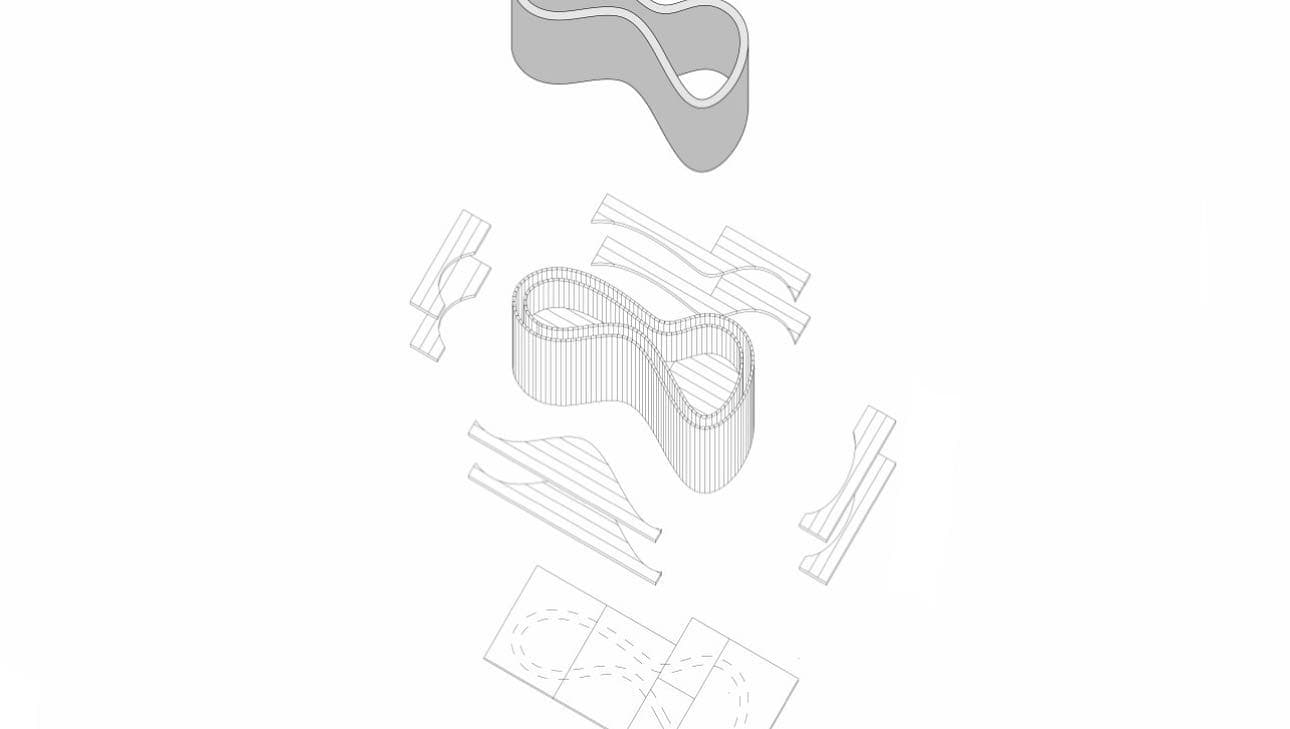 Exploded axonometric drawing of the curved seat and its timber formwork
