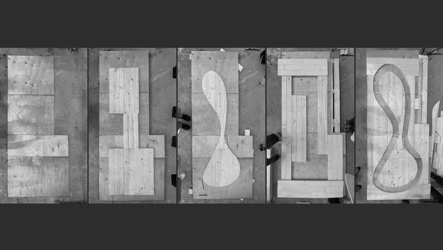 Five construction photographs showing the timber formwork in plan