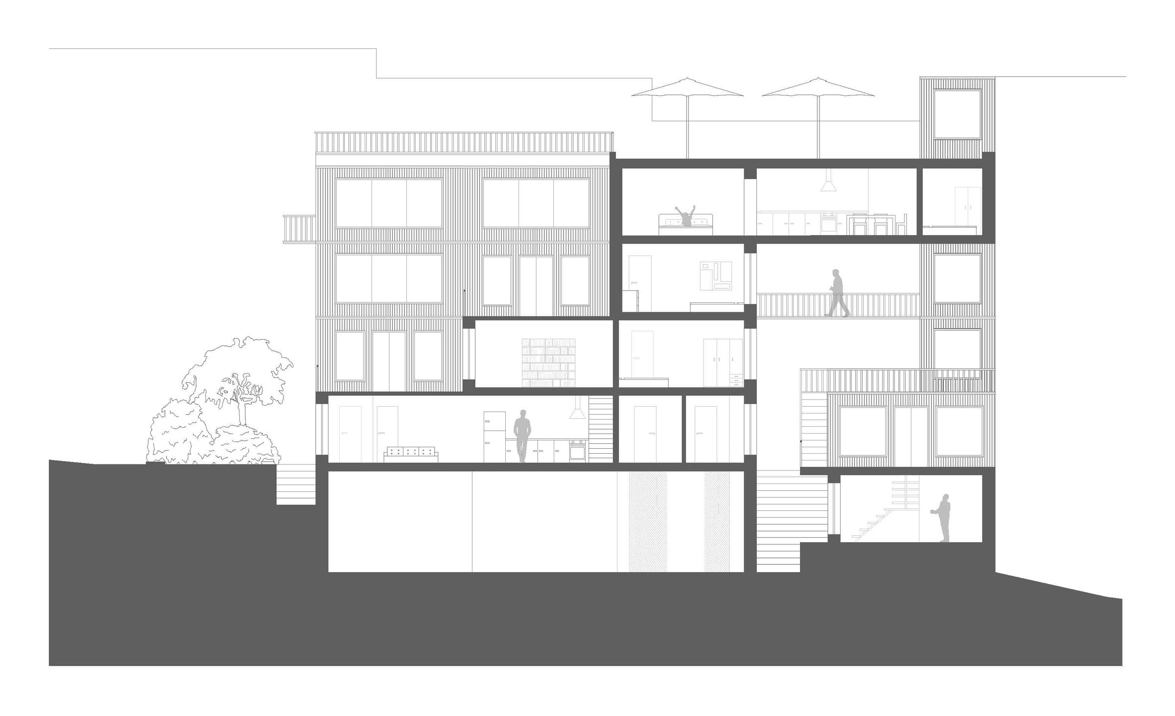 Section through the Bodøgata building, showing the lowered terrain and the roof terrace