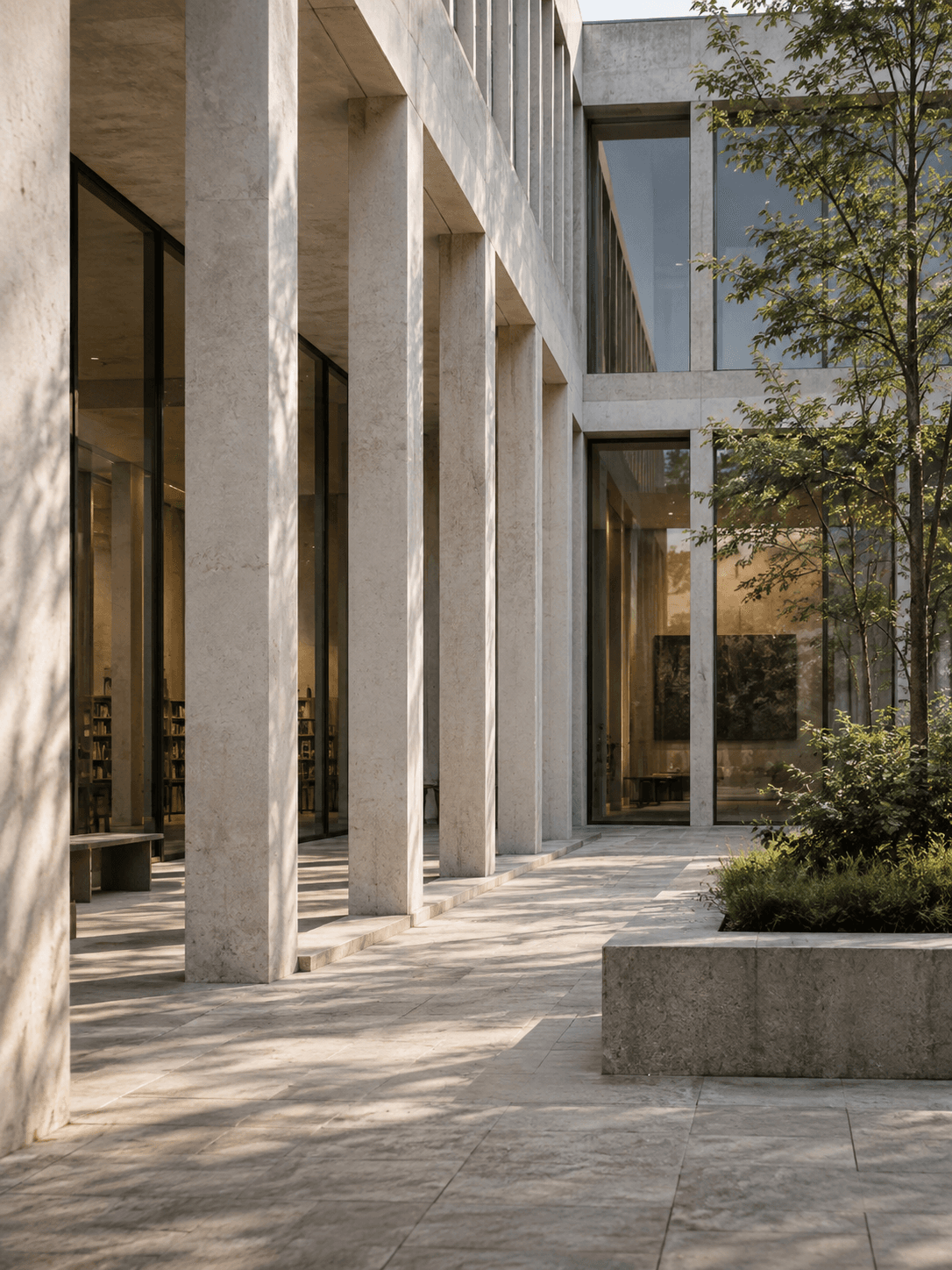 Illustrative placeholder of a pale concrete cultural center and courtyard