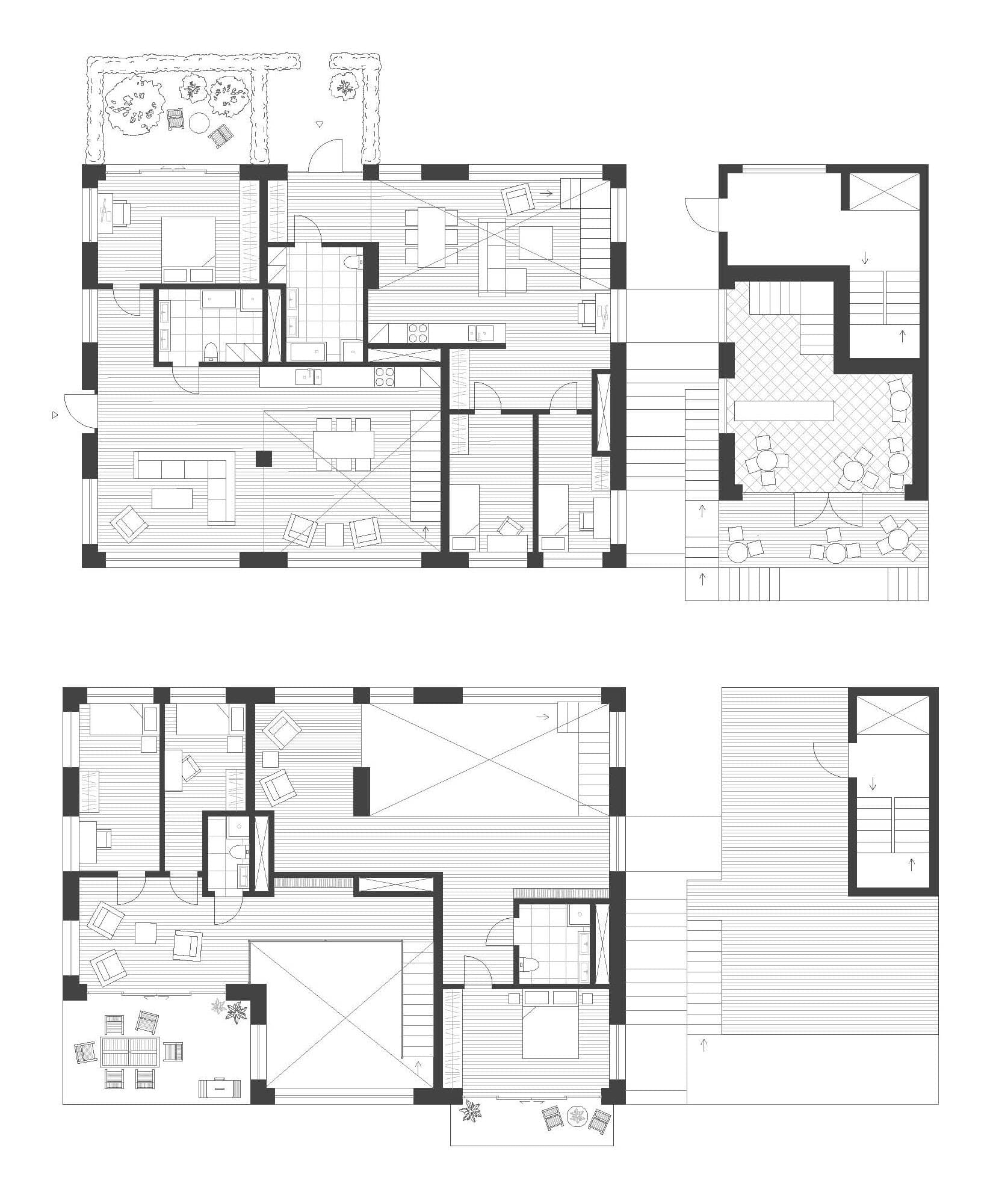 Furnished plans of a typical apartment over two levels