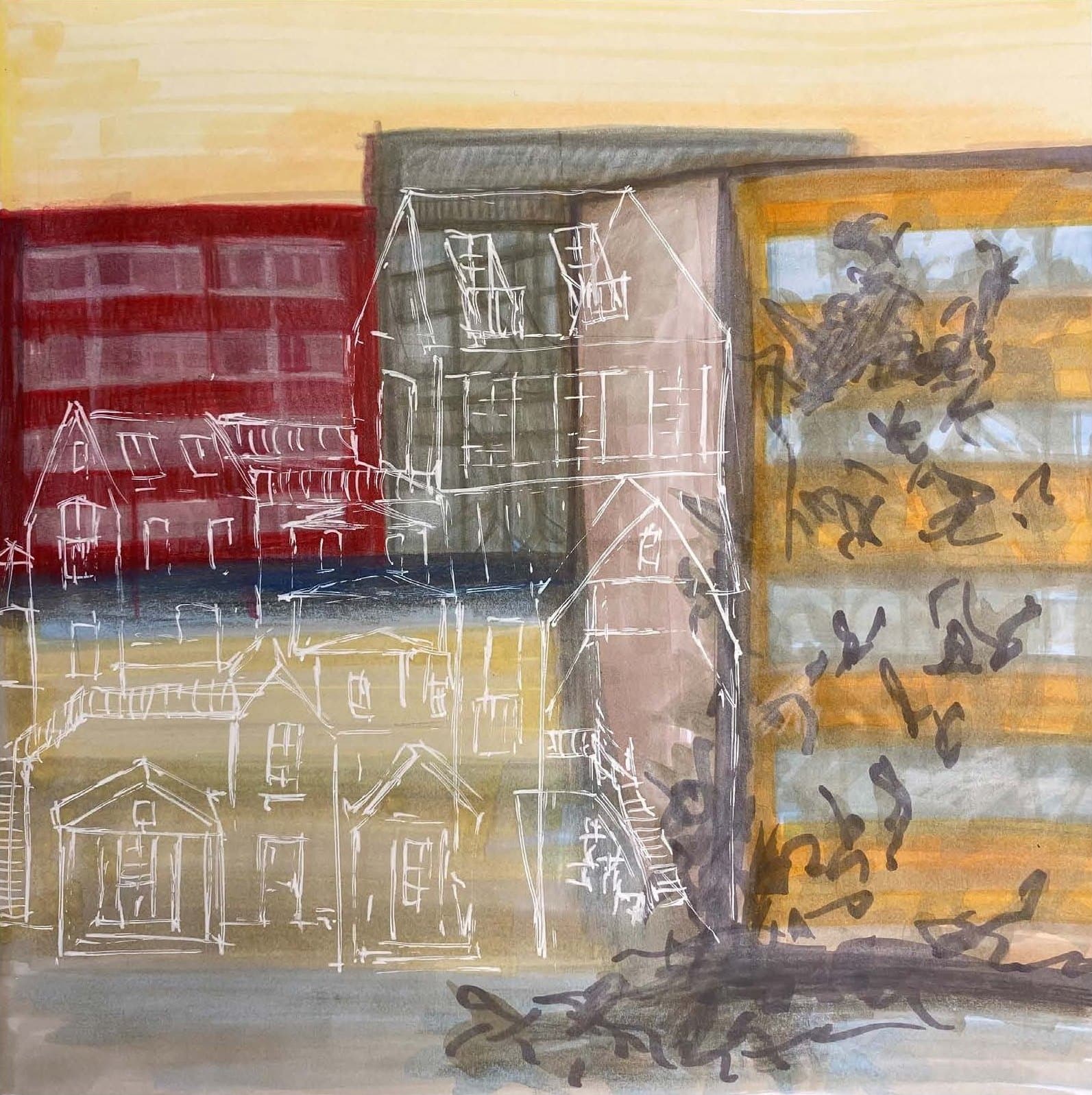 Painted collage layering the red brick blocks, the wooden houses, and the new building