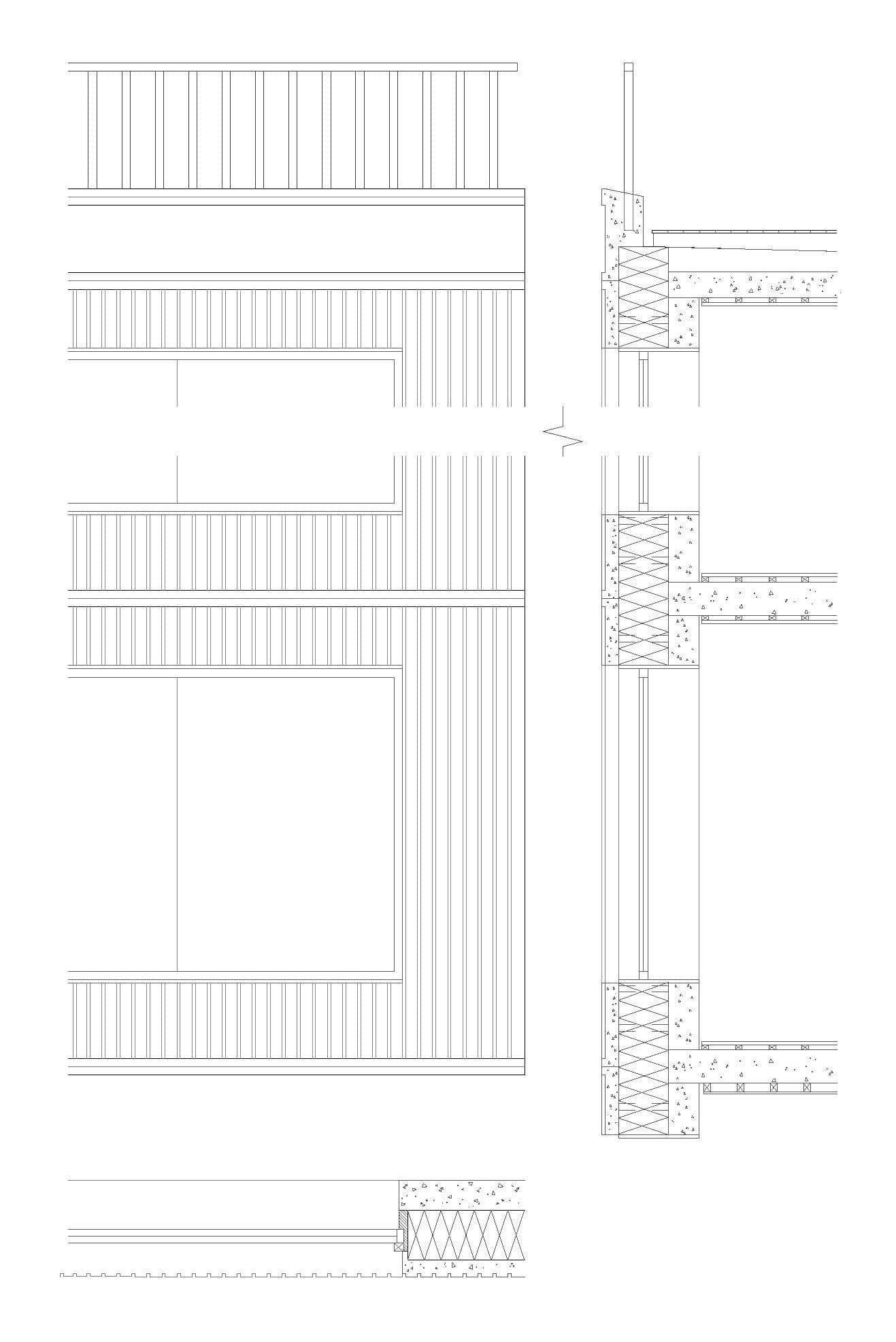 Facade detail in plan, section, and elevation, showing the vertical concrete ribs