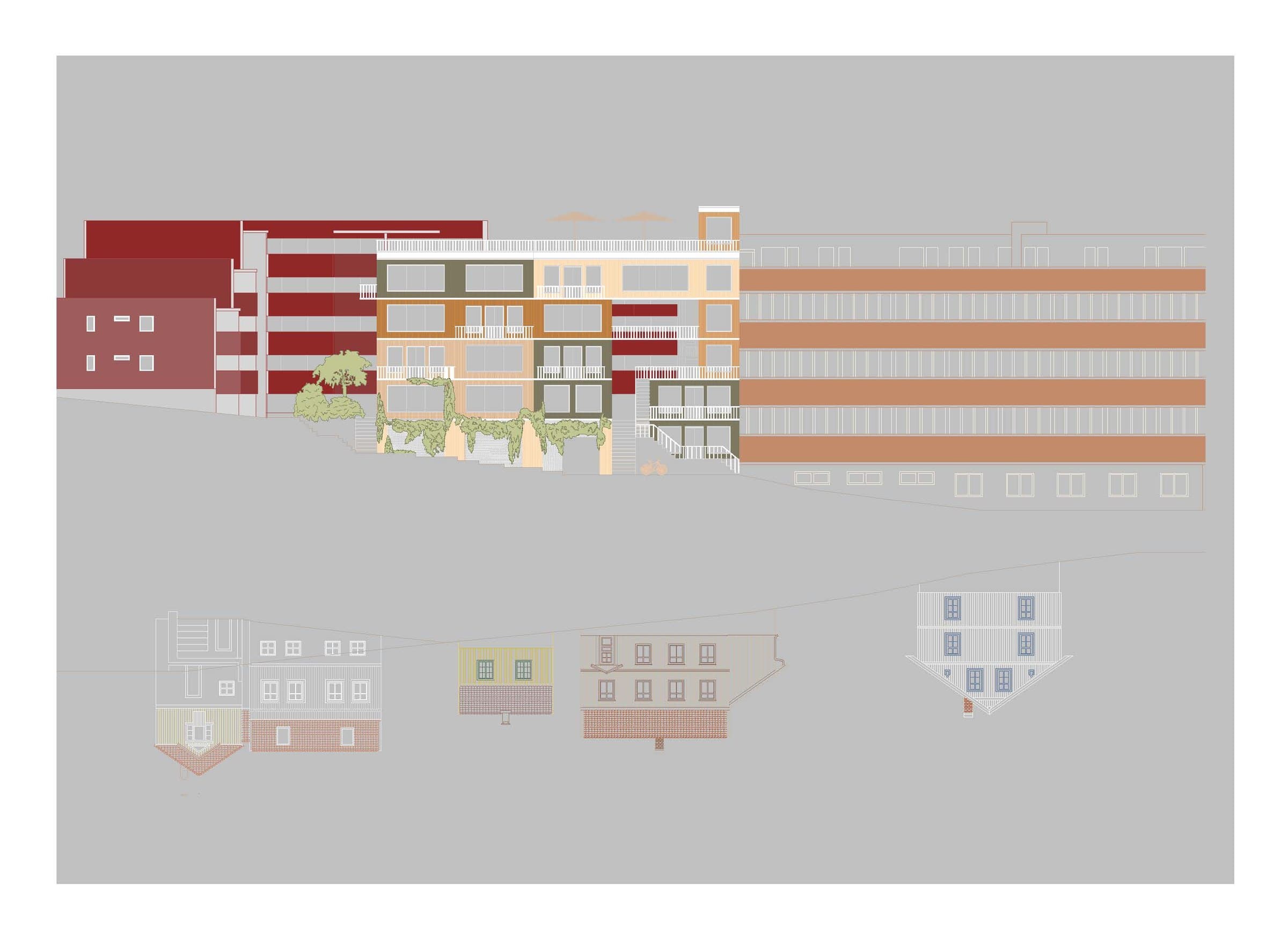 Coloured street facade of the building between its brick neighbours, with the wooden houses below