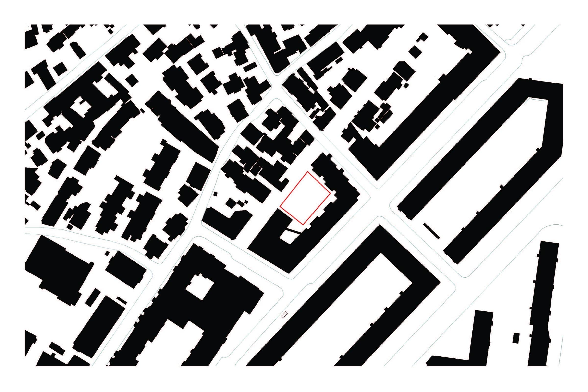 Figure-ground plan of the blocks around Bodøgata, with the site outlined in red