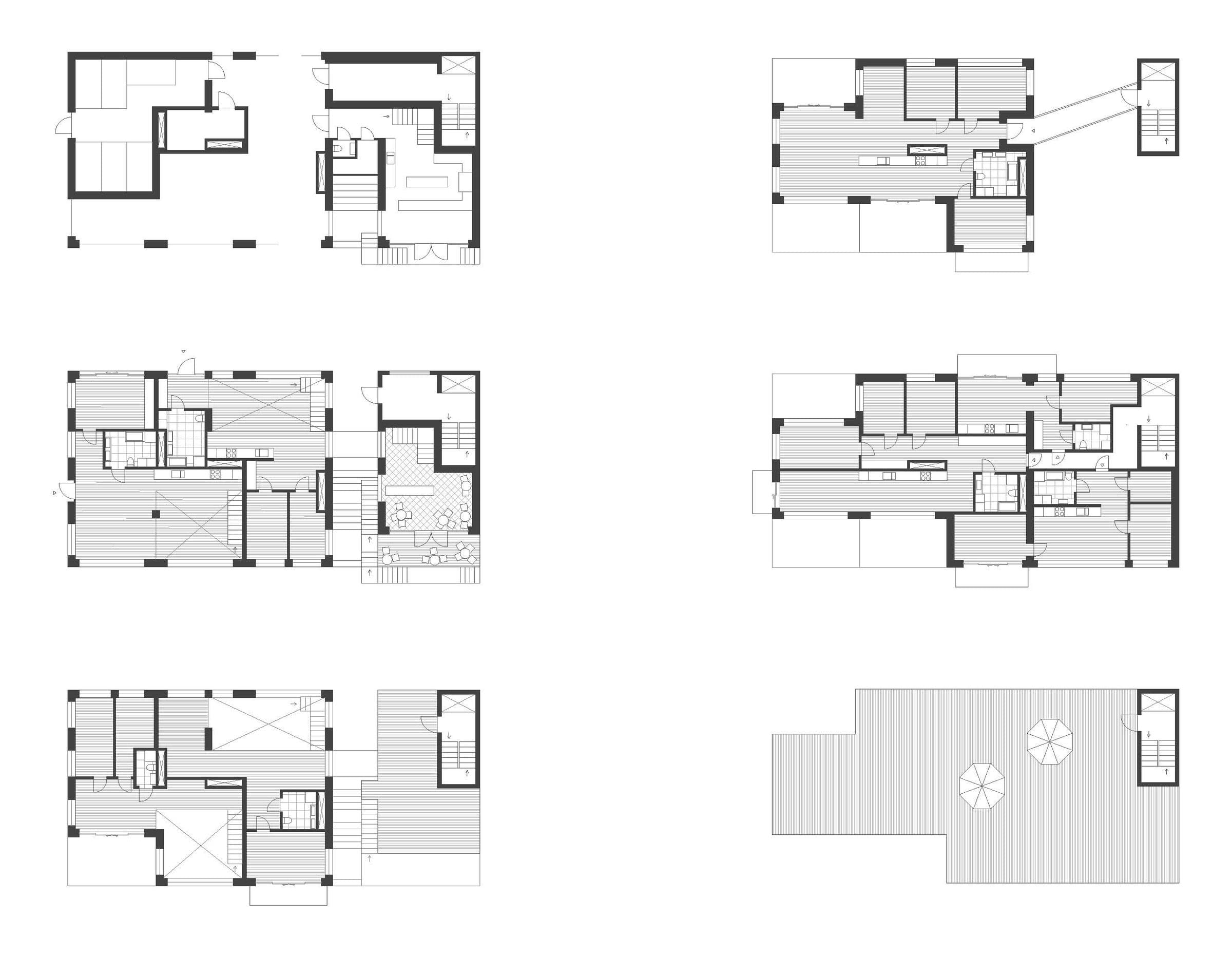 Floor plans of each level, from the ground floor to the roof terrace