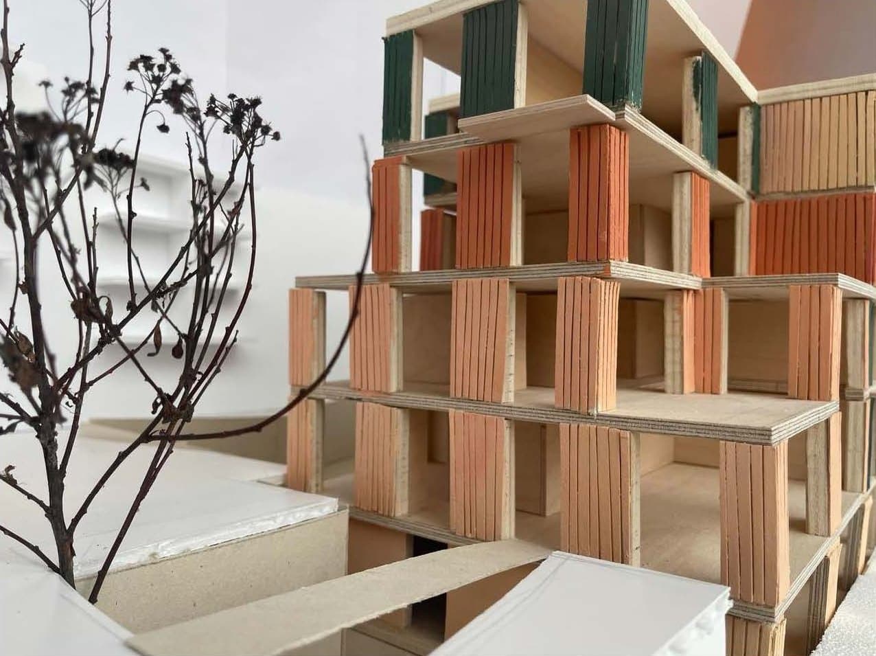 The 1:50 model seen from the garden, with stepped terraces and dried branches as trees
