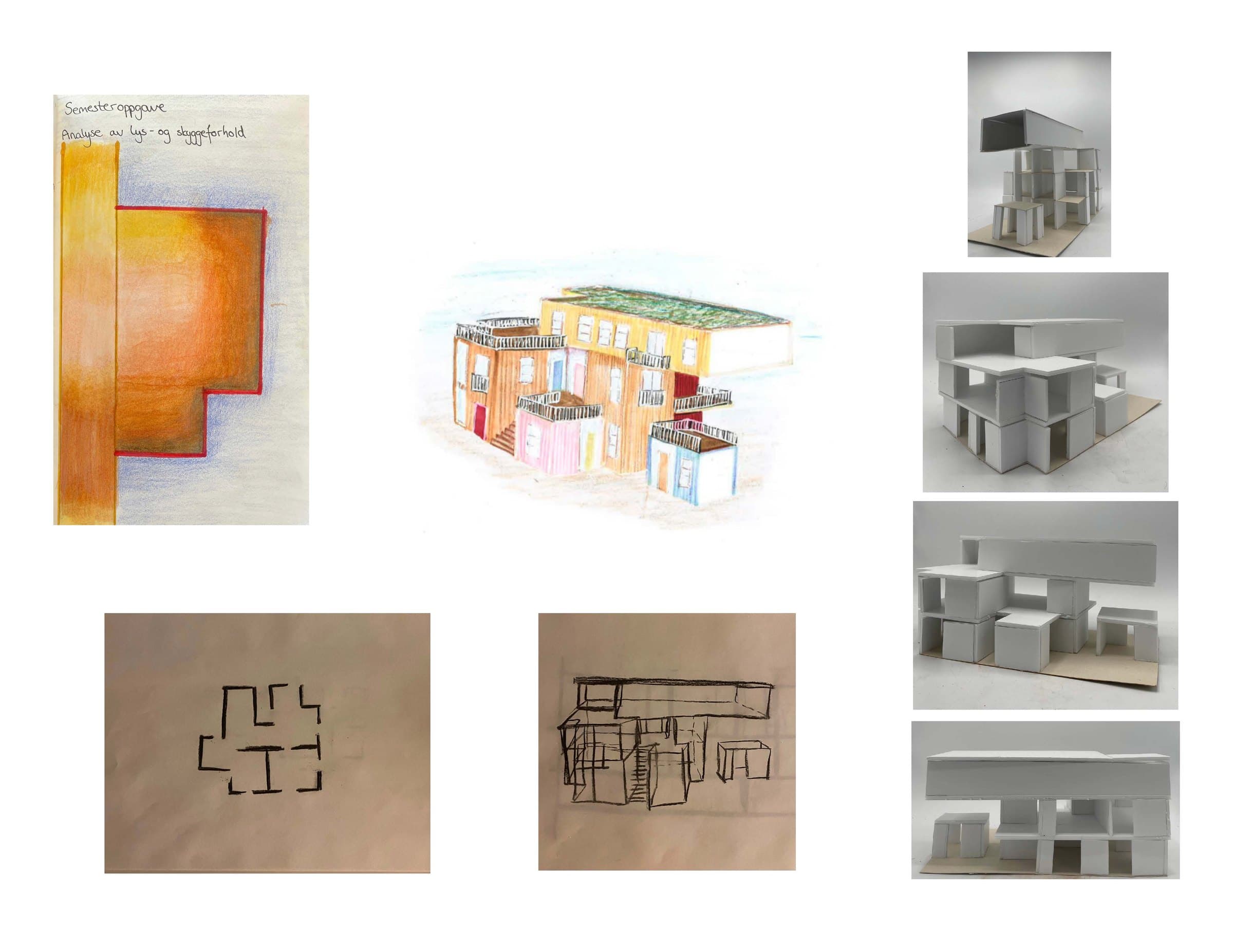Coloured sketches, plan diagrams, and white massing models from the early design phase