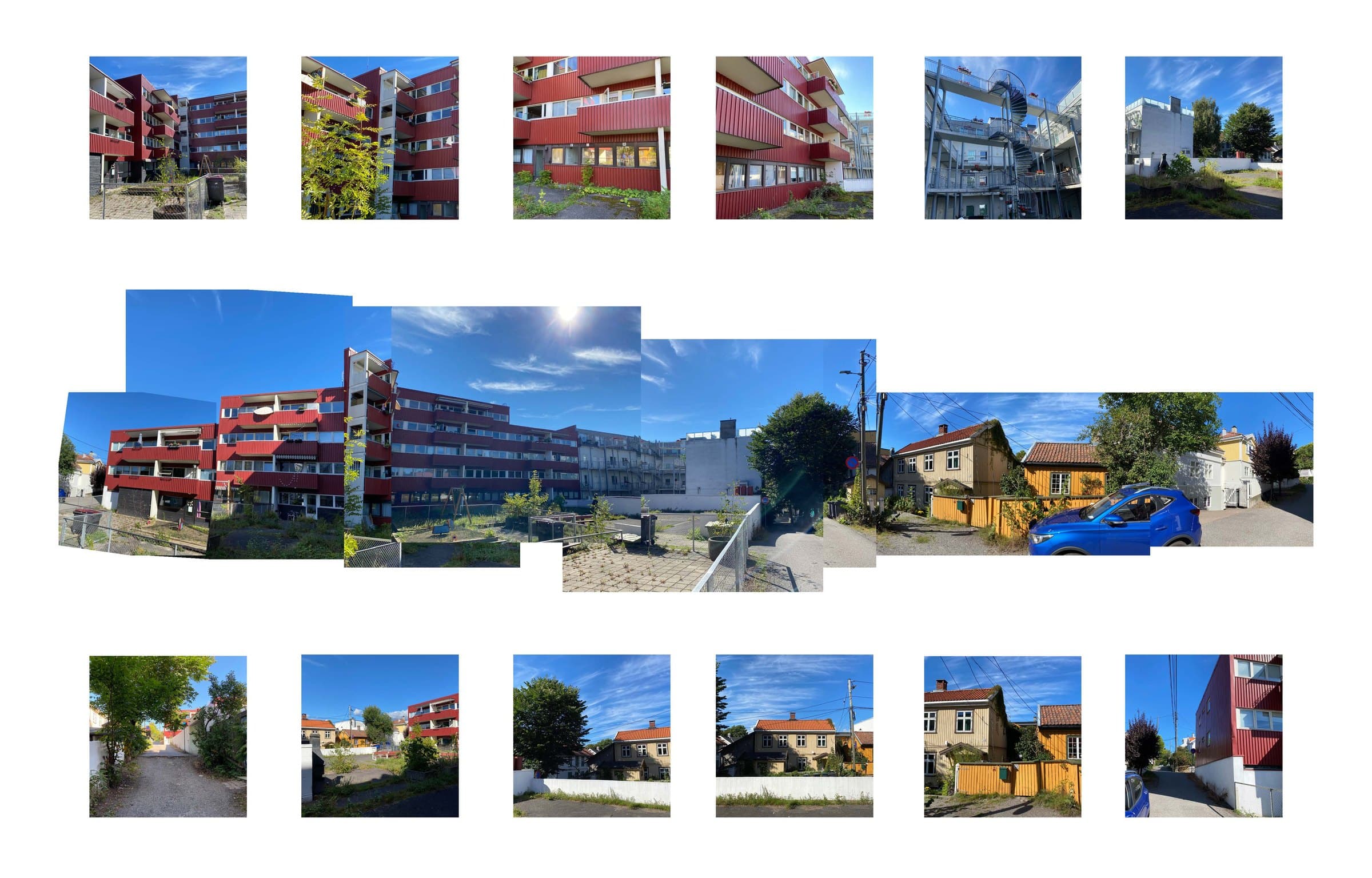 Photomontage of the street, from red brick apartment blocks to small wooden houses