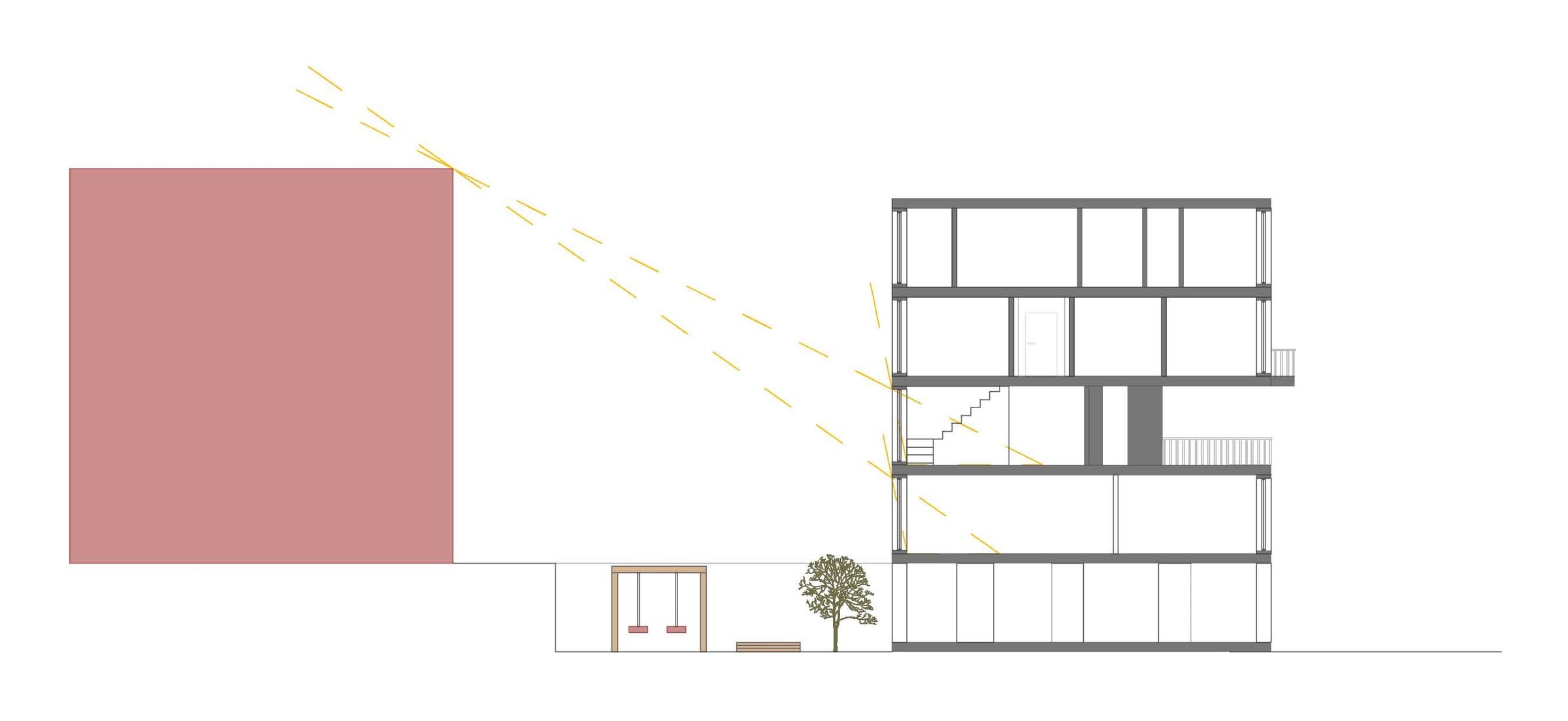 Street section with the neighbouring building and the sky exposure plane