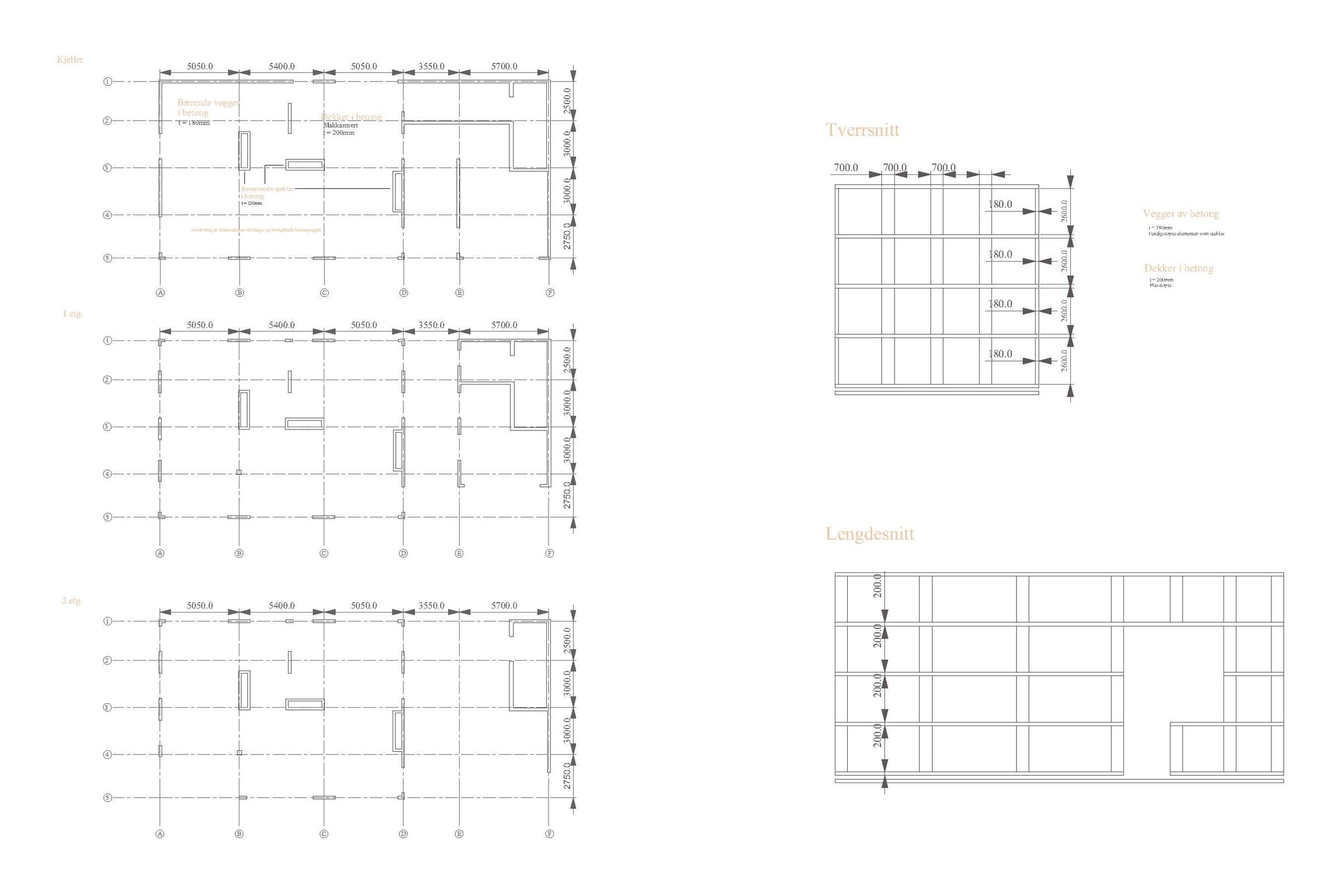 Structural plans and sections of the concrete frame